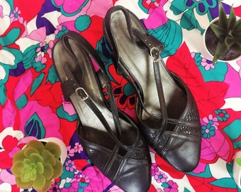 Elegant 1990s Slingback Sandals | Size UK 6 | US 8 | EU 39 | Vintage Leather Sandals | High Heel Shoes | Black Leather Shoes | 90s Shoes