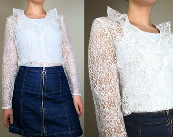 Snow White Lace 1960s Blouse | Size S | Lace Vintage Blouse | 1960s Top | 1960s Blouse | White Vintage Top |