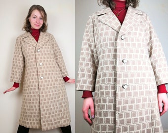 Mod 1960s Coat | Size M | Beige Coat | Geometric Pattern Coat | 60s Mod Coat | Vintage Mod Coat | Beige Mod Coat | 60s Wool Coat