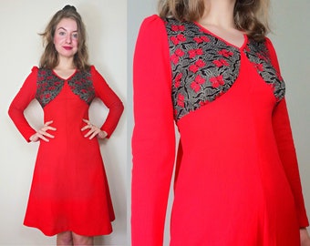Crimplene 1960s 70s A-Line Dress | Size XS-S | Vintage A-Line Dress | Red Crimplene Dress | Empire Waist Dress | 60s Mini Dress | 70s Dress