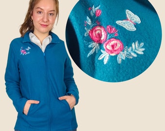 Ladies Fleece Cardigan | Size S-M | Teal Blue Fleece with Floral Embroidery | Cottagecore Vintage Cardigan | Cottagecore Fleece