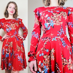 WUNDERSCHÖNEs rotes 70er Jahre Blumenkleid | Größe XS-S | Vintage Blumenkleid | Flower Power Kleid | 70er Jahre Kleid | Mini Blumenkleid | 70er Rotes Kleid