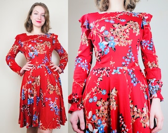 GORGEOUS Red 1970s Floral Dress | Size XS-S | Vintage Floral Dress | Flower Power Dress | 1970s Dress | Mini Floral Dress | 70s Red Dress