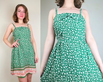Green Floral Vintage Mini Dress | Size XS-S | Cotton Mini Dress | Floral Vintage Dress | 70s Floral Dress | 70s Mini Dress | Summer Dress