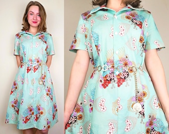 Mint Blue 1960s Floral Dress | Size M | 1960s Vintage Dress | 60s Mini Dress | Floral Vintage Dress | Button Down Dress | 1960s Sundress