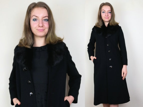 Black Faux Fur Coat | Size XS-S | Wool 1960s 70s M