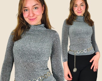 Silver Lurex 1990s Sparkly Top | Size XS-S | Vintage Disco Top | Vintage Silver Top | Party Top | Glam Rock Top | 70s Style Top