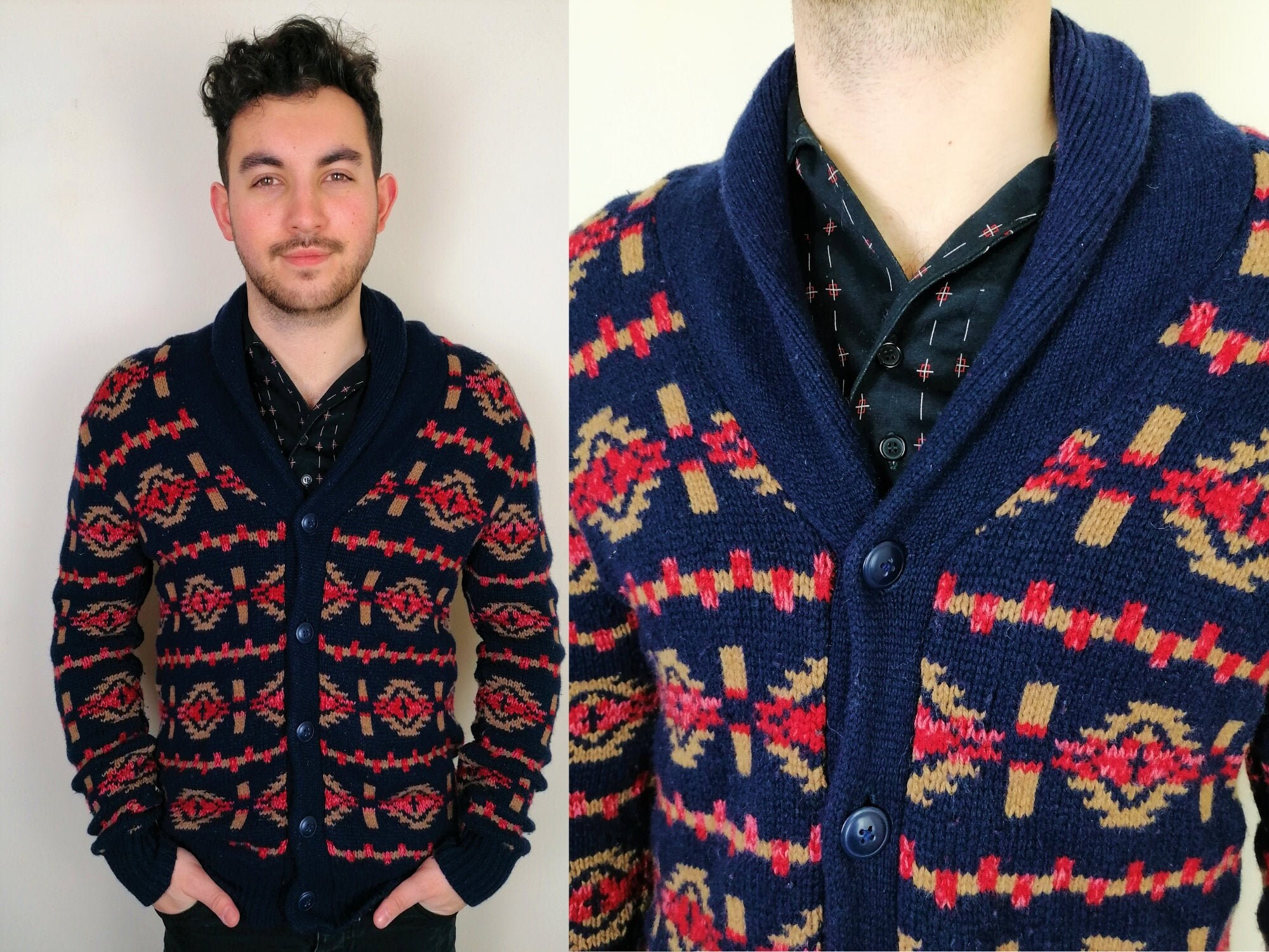 Image of Vtg Men's Wrangler Cardigan | Size M Navy Vintage Sweater Knitted Button Up
