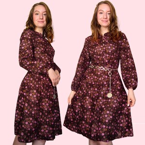 1960s 70s Vintage Floral Dress | Size S | Crimplene Mini Dress | Burgundy Floral Mini Dress | Flower Power Dress | 60s Vintage Dress