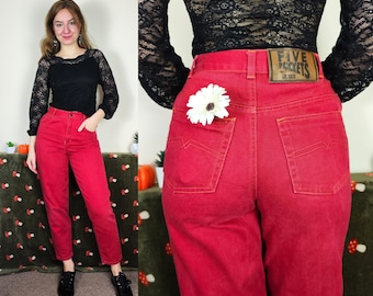 80-90s Vintage ''Five Pockets by GF Gee'' Jeans | Size XXS-XS | 1980s Red Jeans | Vintage Straight-Legged Jeans | Men's Vintage Jeans