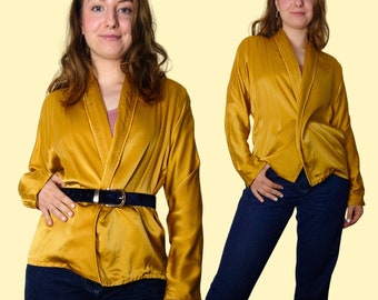 1980s Silk Satin Mustard Yellow Blouse | Size S-M | Angela Vickers Blouse | 1980s Vintage Handmade Blouse | Ladies Vintage Blouse