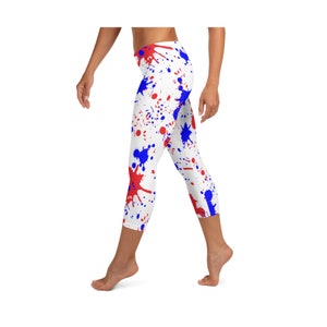Splatter It Red White and Blue Workout Yoga Womens Capri Leggings Workout leggings 4th of July leggings red white blue america leggings fun