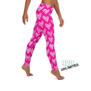 Love is Pink Womens Workout Long Leggings, Valentine Leggings, Heart Leggings, Pink and white yoga workout everyday custom, 923 Unlimited
