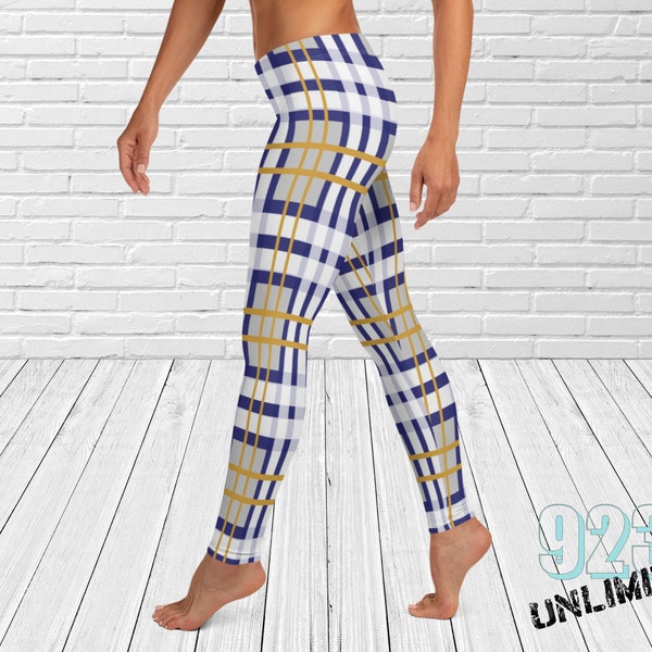 Travi Plaid Long Leggings | Womens Leggings | Plaid Leggings | Gray | Navy | Yellow Mustard Leggings | Work Leggings