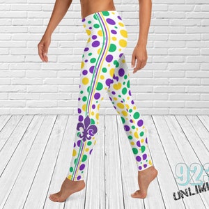 Polka Dot Fleur De Lis Womens Long Leggings, Mardi Gras leggings, mardi gras, fleur de lis, Louisiana leggings, fun, custom, cute leggings