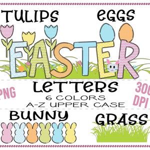 Conjunto de fuentes "FELIZ DÍA DE PASCUA" para sublimación, descarga instantánea imprimible, conjunto de letras de fuente de sublimación PNG 300dpi, huevos de conejito, tulipanes