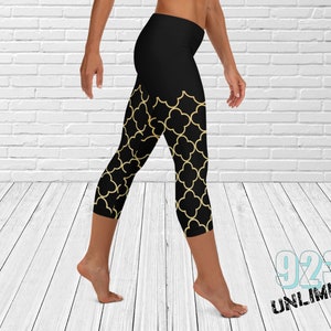 Angie&#39;s Gold Black Capri Leggings | Black and Gold Leggings | Womens Leggings | Fancy Leggings | Womens Yoga Tights