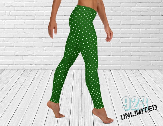 Dot Me Green Polka Dot Womens Long Leggings ,yoga Leggings, Green Tights,  St Patricks Day Leggings, Polka Dot Leggings, 923 Unlimted 