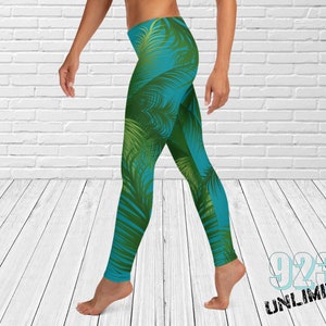 Sandra&#39;s Paradise Palm Tree Turquoise Long Leggings | Palm Tree Leggings | Tropical Leggings | Beach Leggings | Yoga Tights