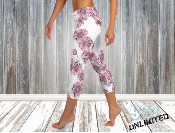 Sweet Pink Womens Capri Leggings Flower Leggings Soft Leggings White Floral Leggings  Capris Workout Leggings 