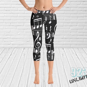 Cassie&#39;s Music Black Capri Leggings music leggings black and white leggings musical tights music tights music notes