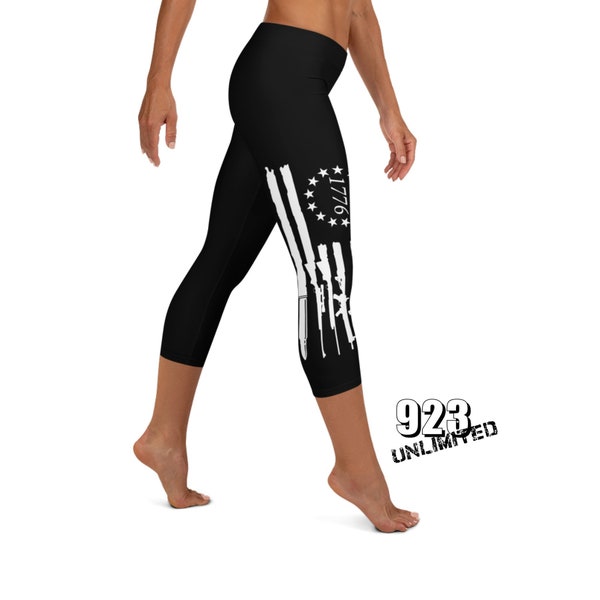 Betsy's Guns Capri Leggings Workout Leggings 1776 Flag Leggings 1776 Flag Yoga Gun Rifle America Capri Black and White Legging 923 Unlimited