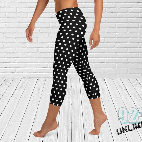 Polka Dot Capri Leggings | Polka Dot Leggings | Yoga Polka Dot Leggings | Black and White Leggings | Womens Capri Leggings