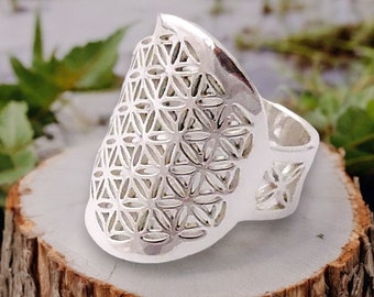 Flower of Life Ring, Sacred Geometry Statement Jewelry, Brass/Silver Plated Boho Ring