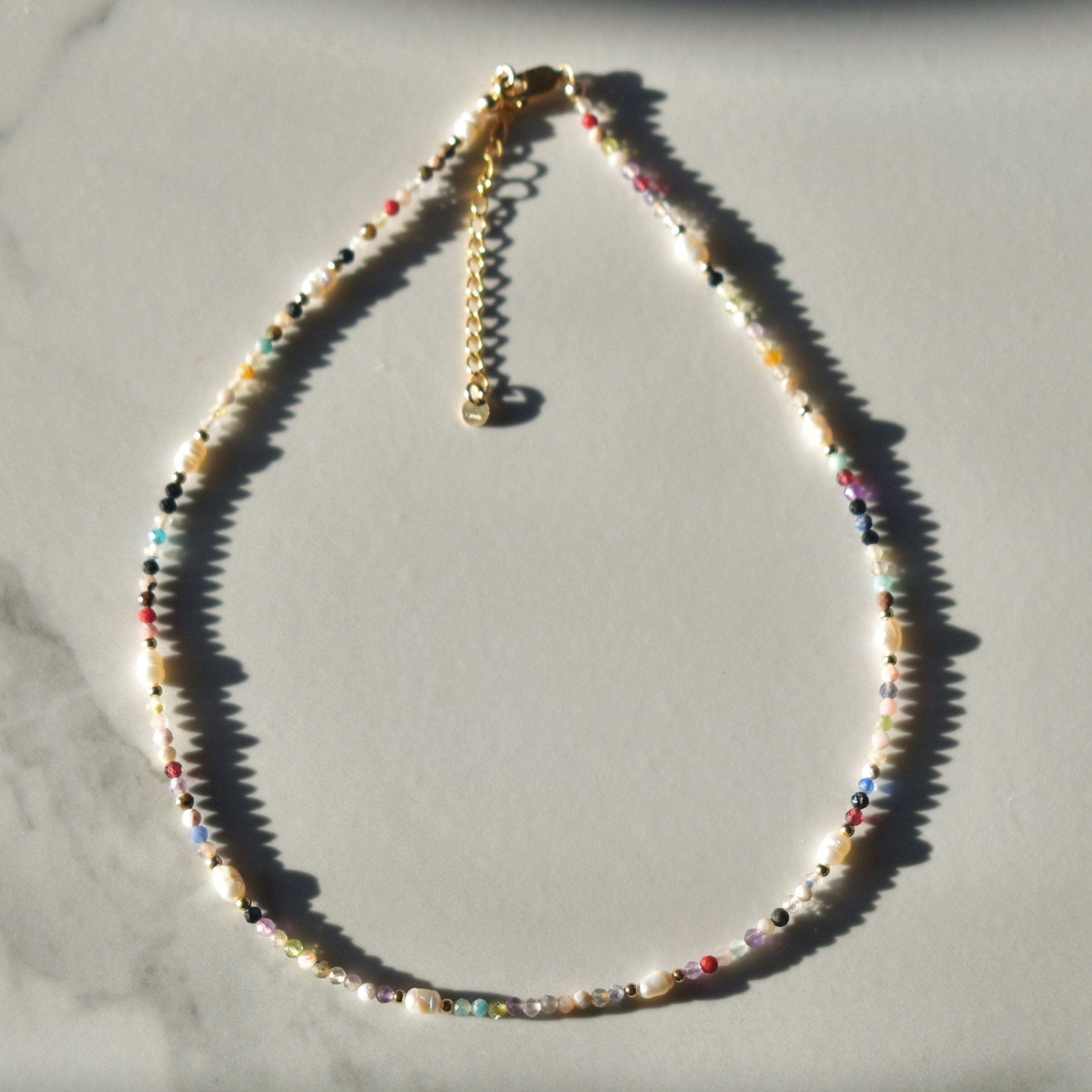 Tiny Gemstone & Pearl Beaded Necklace, Dainty Faceted Gemstone Necklace, Waterproof Crystal Beaded Choker, Gold-Filled, Stainless Steel