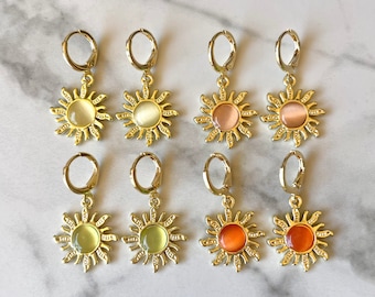 Gemstone Sun Huggies | 18k Gold-Plated Dangle Sun Earrings, Celestial Earrings