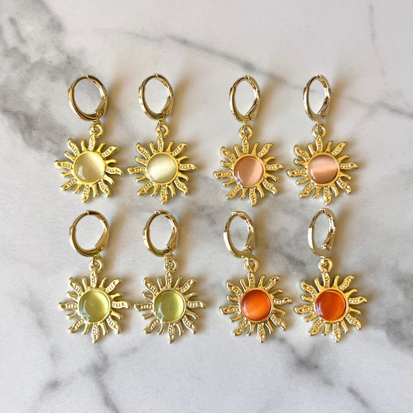 Gemstone Sun Huggies | 18k Gold-Plated Dangle Sun Earrings, Celestial Earrings