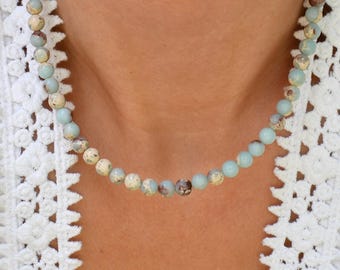 Shoushan Stone Gemstone Beaded Choker, Waterproof Crystal Necklace, 14k Gold-Filled, 6mm
