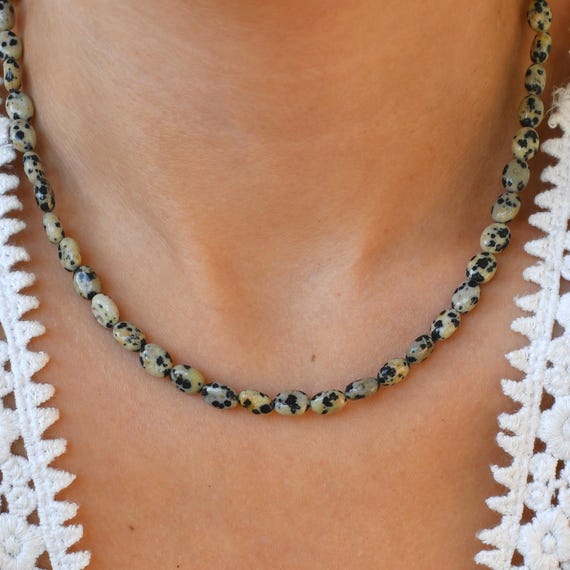 Dalmation Jasper Pebble Gemstone Beaded Necklace, Dainty Unique Bead Necklaces, Waterproof Crystal Choker, Gold-Filled, Stainless Steel