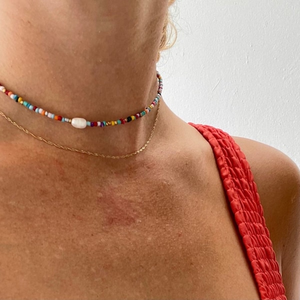 Beaded Pearl Accent Choker, Seed Bead Jewelry, Multi-Color Choker, Natural Pearl Beaded Choker, Summer Necklace, Colorful Glass Choker