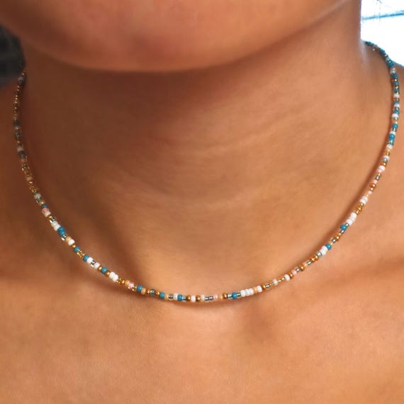 Ocean Coast Tiny Waterproof Seed Bead Necklace, Stainless Steel Beaded Choker, Beachy Layer Necklace, Summer Necklaces, Gold-Filled
