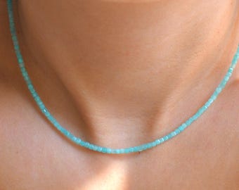 Amazonite Tiny Cube Faceted Gemstone Beaded Necklace, Dainty Sparkly Gemstone Necklace, Waterproof Crystal Choker, Gold-Filled, 2mm