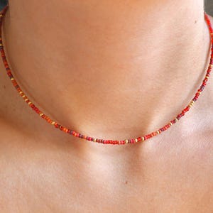 May include: A delicate beaded necklace featuring small, colorful beads in shades of red, orange, and purple, interspersed with gold-colored beads. The necklace is worn around the neck.