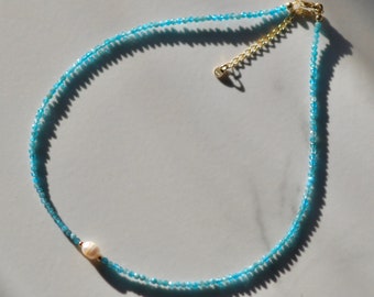 Pearl Accent Tiny Gemstone Beaded Necklace, Dainty Faceted Gemstone Necklace, Waterproof Crystal Choker, Gold-Filled, Stainless Steel
