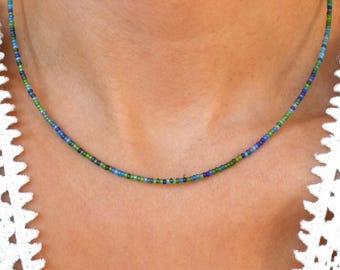 Sea Glass Tiny Waterproof Seed Bead Necklace, Stainless Steel Beaded Choker, Ocean Necklace, Summer Necklaces, Gold-Filled