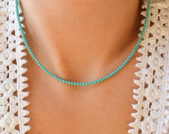 Turquoise Tiny Gemstone Beaded Necklace, Dainty Gemstone Beaded Necklace, Waterproof Crystal Choker, Gold-Filled, Stainless Steel, 2mm
