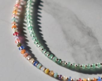 Rondelle Gemstone & Metal Beaded Necklace, Disc Gemstone Beaded Necklace, Crystal Beaded Choker, Gold-Filled, .925 Sterling Silver