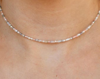 Moonstone Tiny Waterproof Seed Bead Necklace, Stainless Steel Beaded Choker, Beachy Layer Necklace, Summer Necklaces, Gold-Filled, 2mm