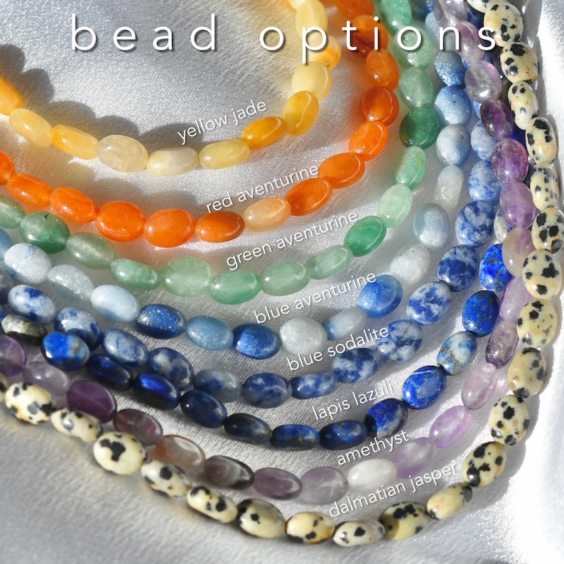 May include: A selection of gemstone bead strands in various colors, including yellow jade, red and green aventurine, blue aventurine, blue sodalite, lapis lazuli, amethyst, and dalmatian jasper. The text "bead options" is at the top.