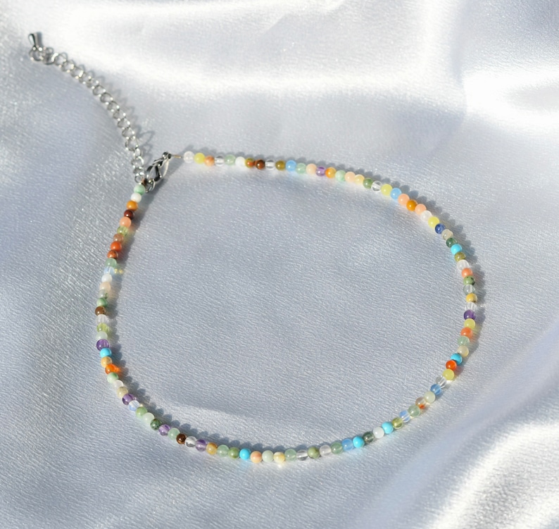 Dainty Waterproof Gemstone Beaded Choker Stainless Steel Gemstone Necklace, Crystal Necklace, Healing Stone Necklace, Boho Hippie Jewelry image 6