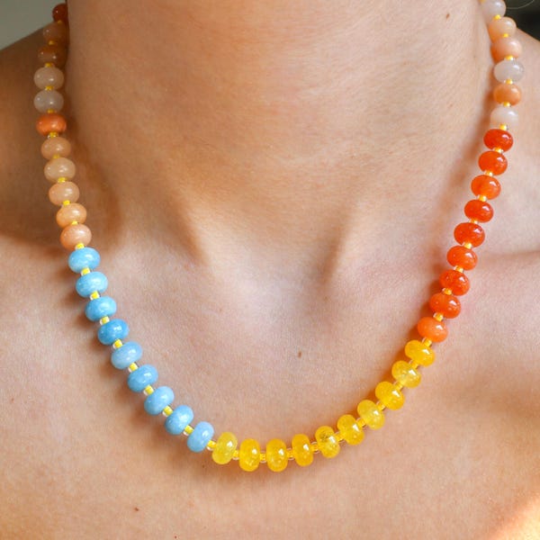 Sunny Skies Mixed Chunky Rondelle Gemstone Beaded Necklace, Candy Disc Gemstone Beaded Necklace, Gold-Filled, Stainless Steel