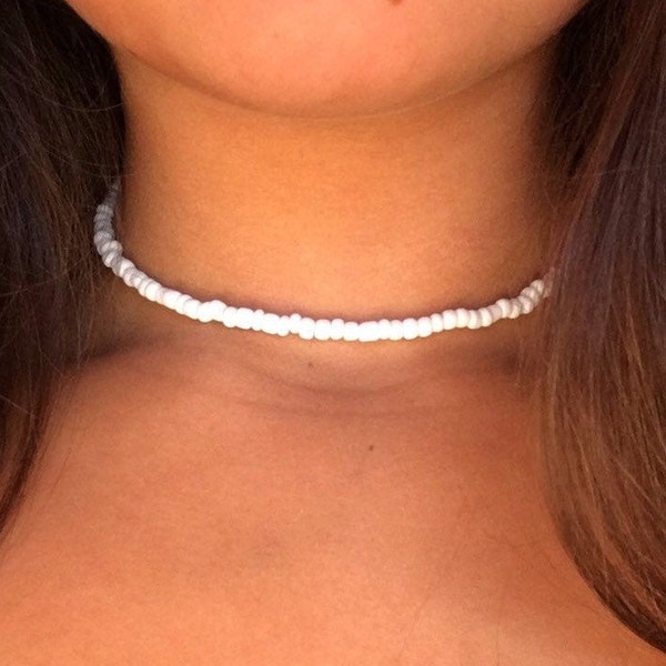 White Bead Choker, Dainty Beaded Choker, Beach VSCO Choker