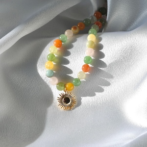 Gold Gemstone Charm Necklace, Beaded Charm Necklace, Crystal Beaded Necklace, Gold-Plated Charm Necklace, Colorful Charm Necklace