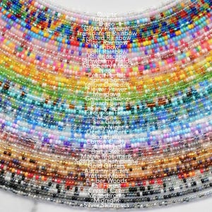 May include: A collection of multi-colored beaded strands arranged in a semi-circular pattern. Each strand features a unique color palette labeled with text including Quartz, Tutti Frutti, Disco, Rainbow, Neon, Peach Parfait, and Silver Shimmers.