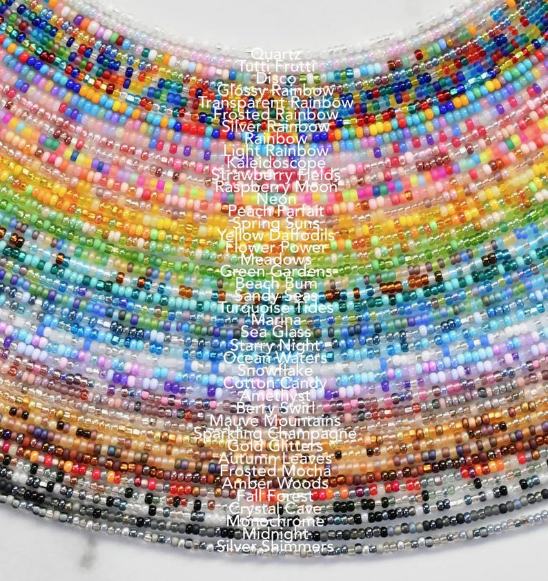 May include: A collection of multi-colored beaded strands arranged in a semi-circular pattern. Each strand features a unique color palette labeled with text including Quartz, Tutti Frutti, Disco, Rainbow, Neon, Peach Parfait, and Silver Shimmers.