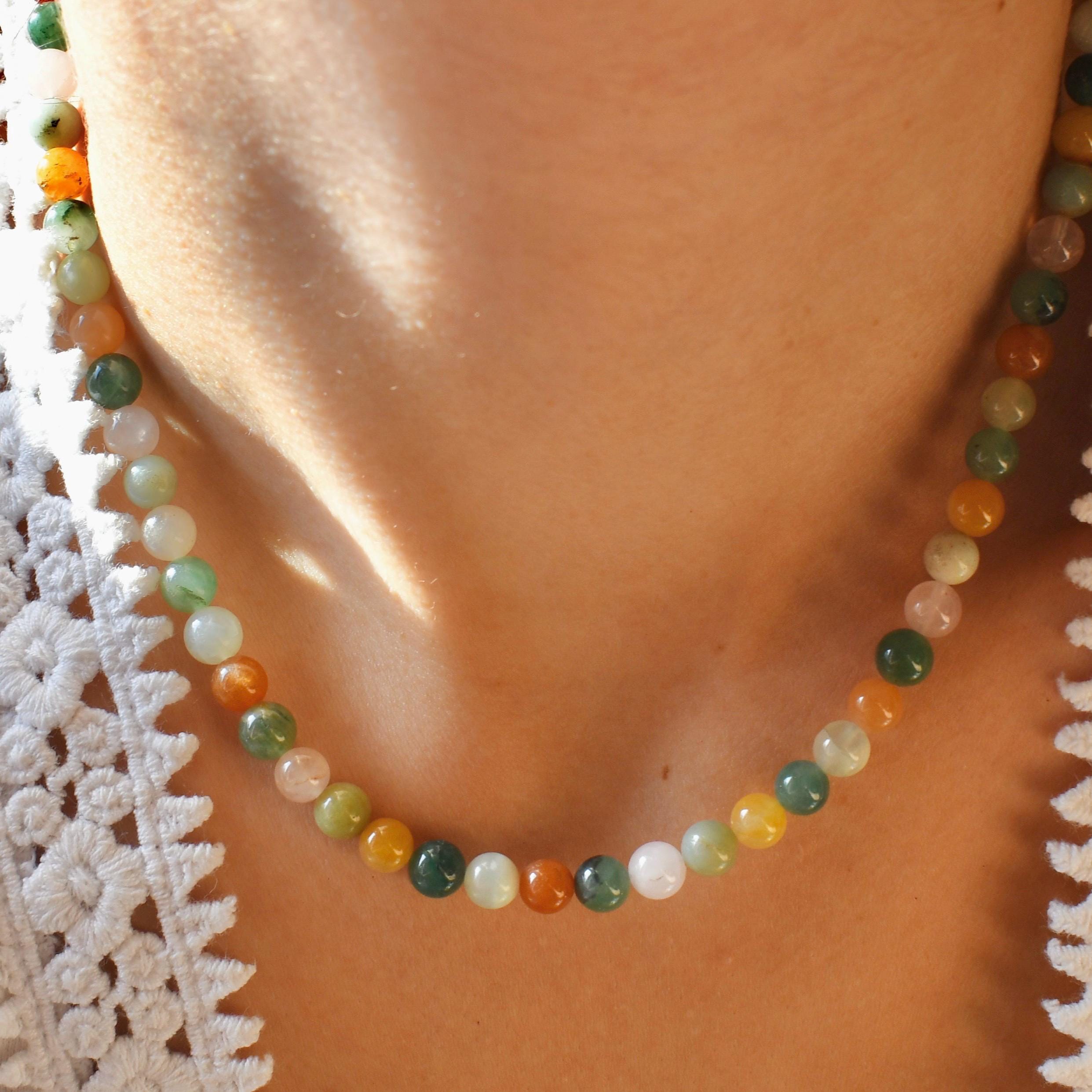 Gemstone Mix Beaded Necklace, Dainty Disc Beaded Necklace